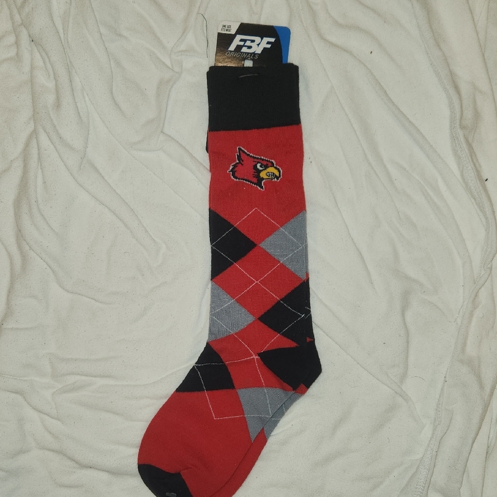 Men's University Of Louisville Cardinal Red and Black Argyle Socks.  New.